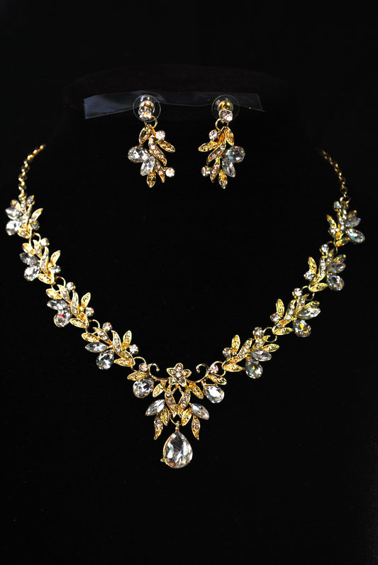 Gold Leaf and Crystal Bridal Necklace Set