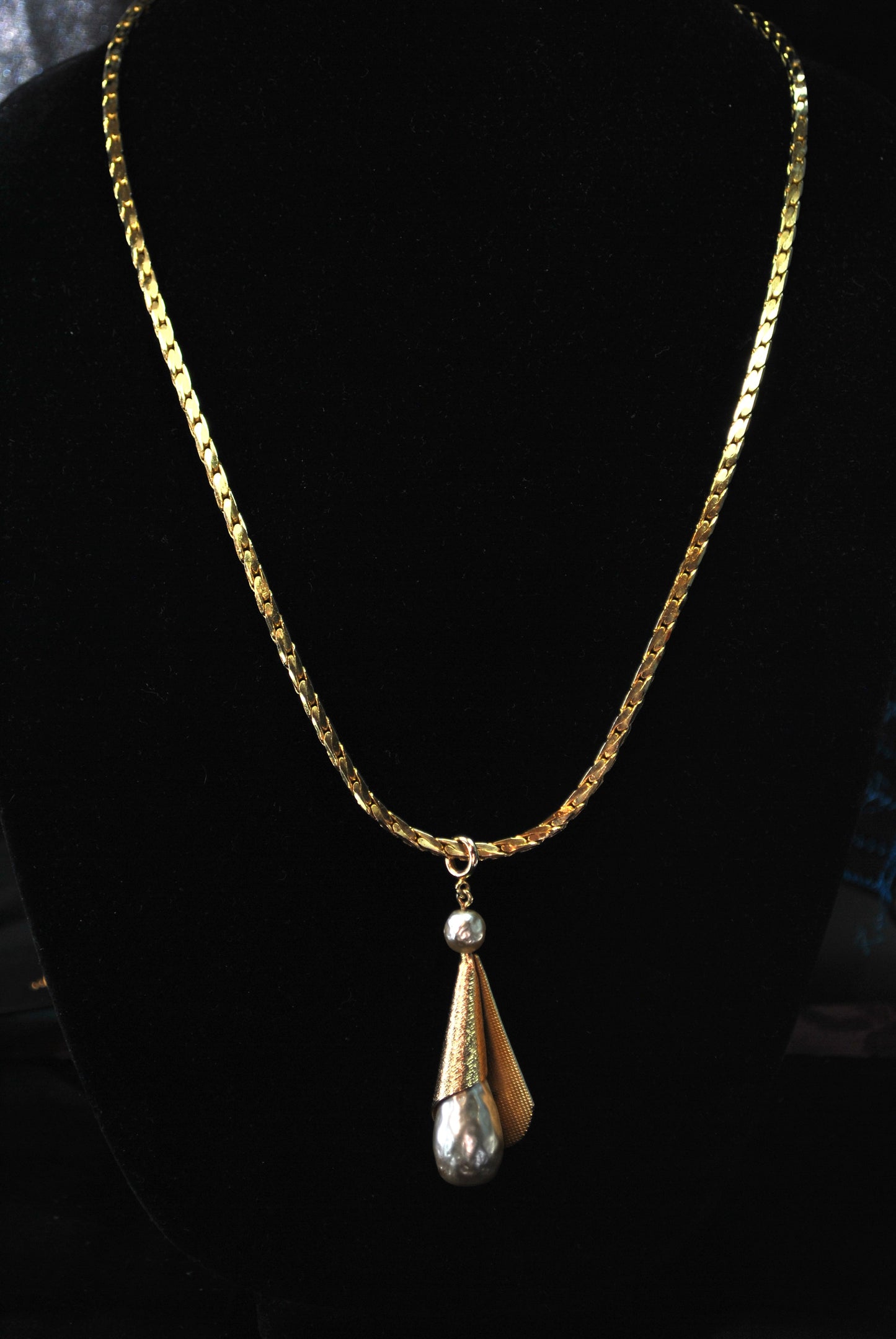 Brushed Gold-Tone Teardrop- Rolled Cone Pendent & Chain