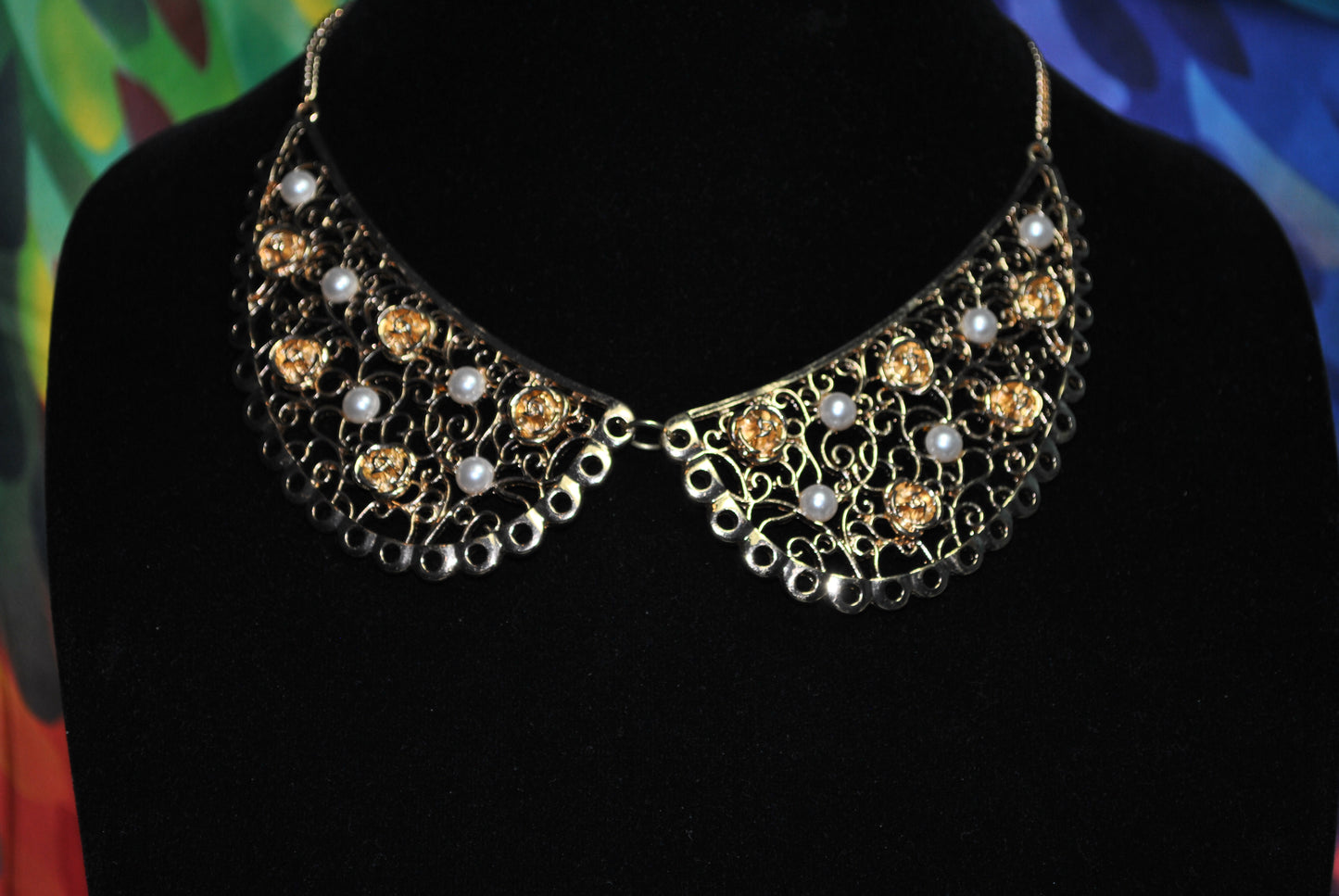 Vintage Pearl & Flower Filigree Lace Rounded Collar Bib Necklace