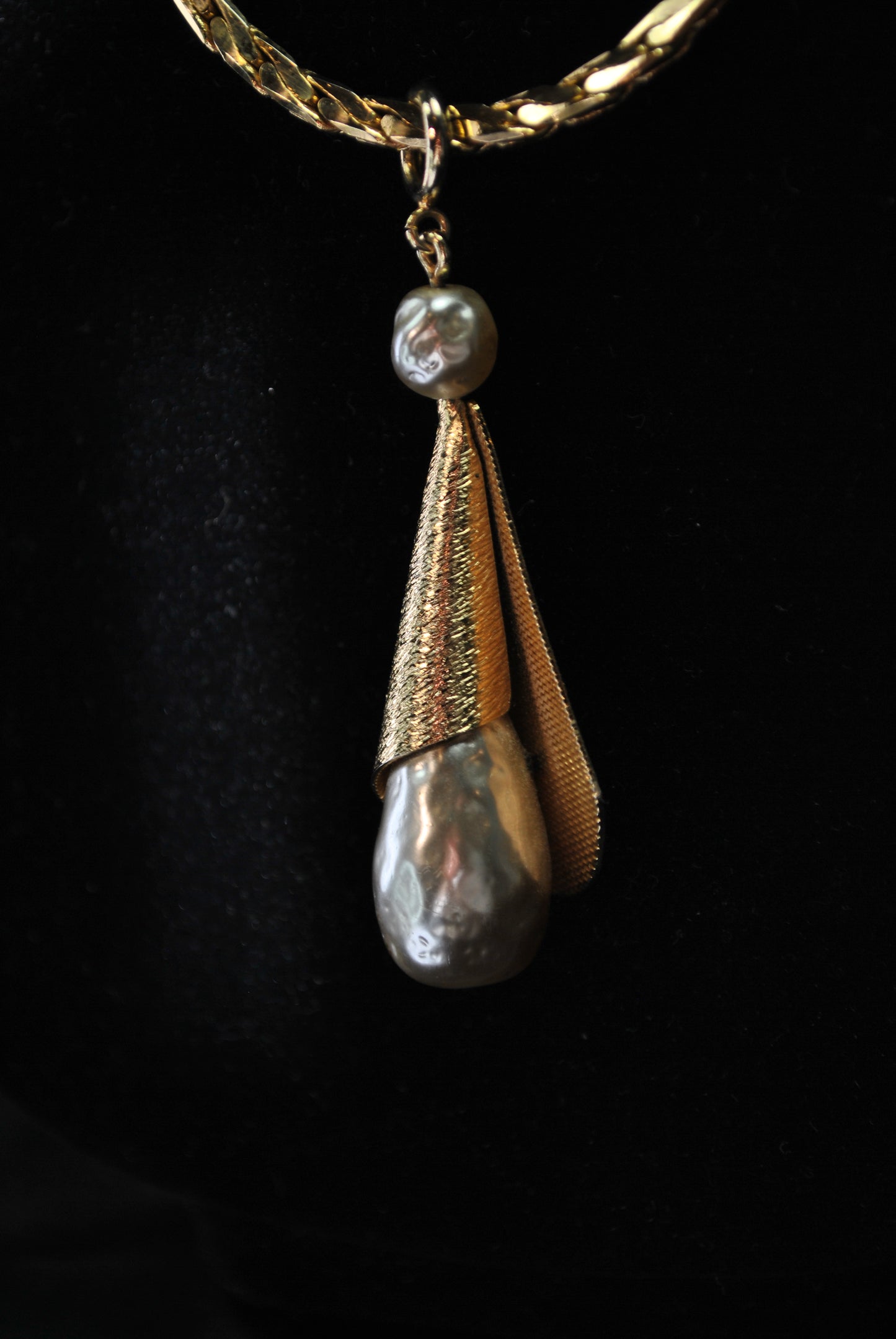 Brushed Gold-Tone Teardrop- Rolled Cone Pendent & Chain