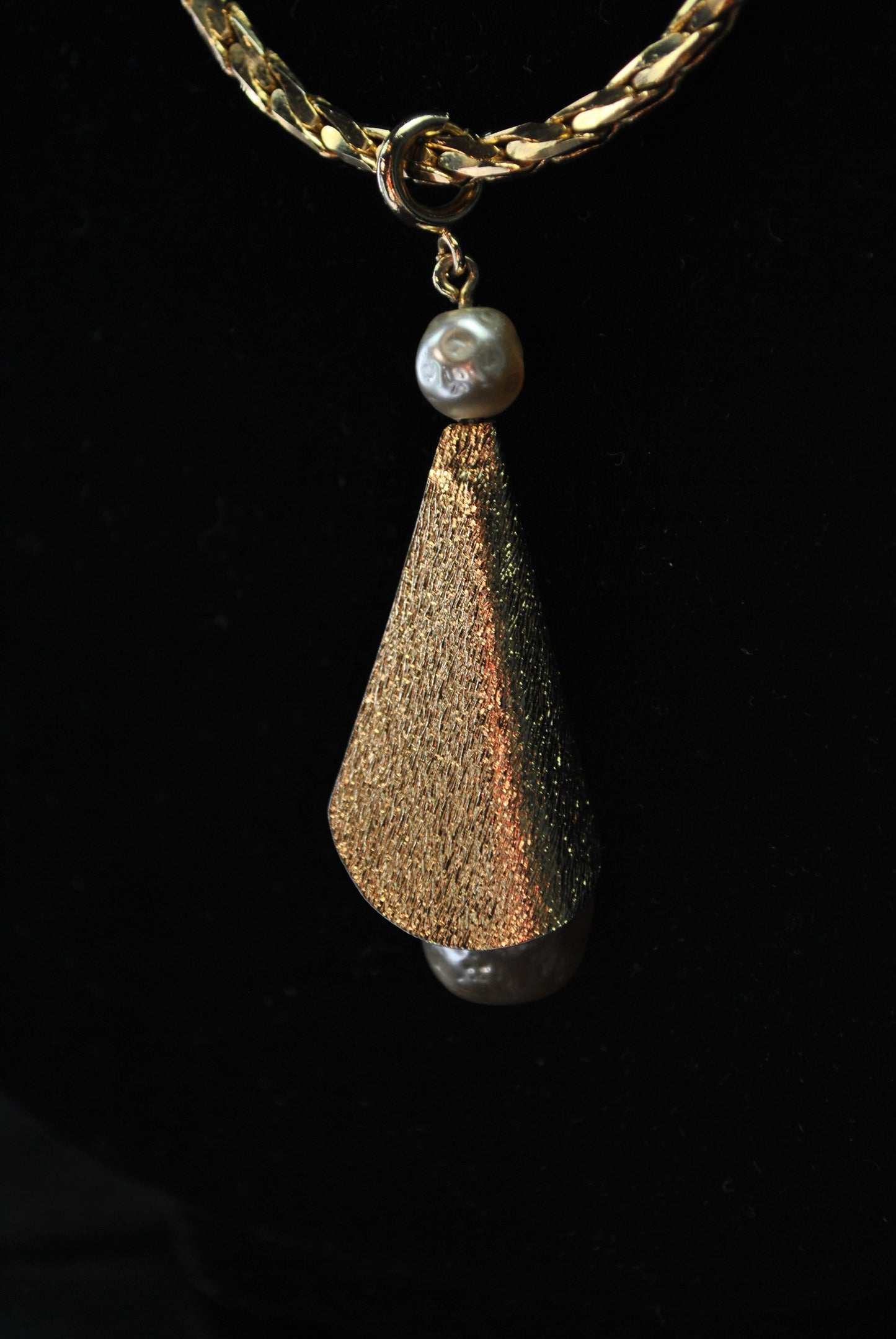 Brushed Gold-Tone Teardrop- Rolled Cone Pendent & Chain