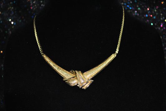 Brush Gold Ribbon Knot Bib Statement Necklace