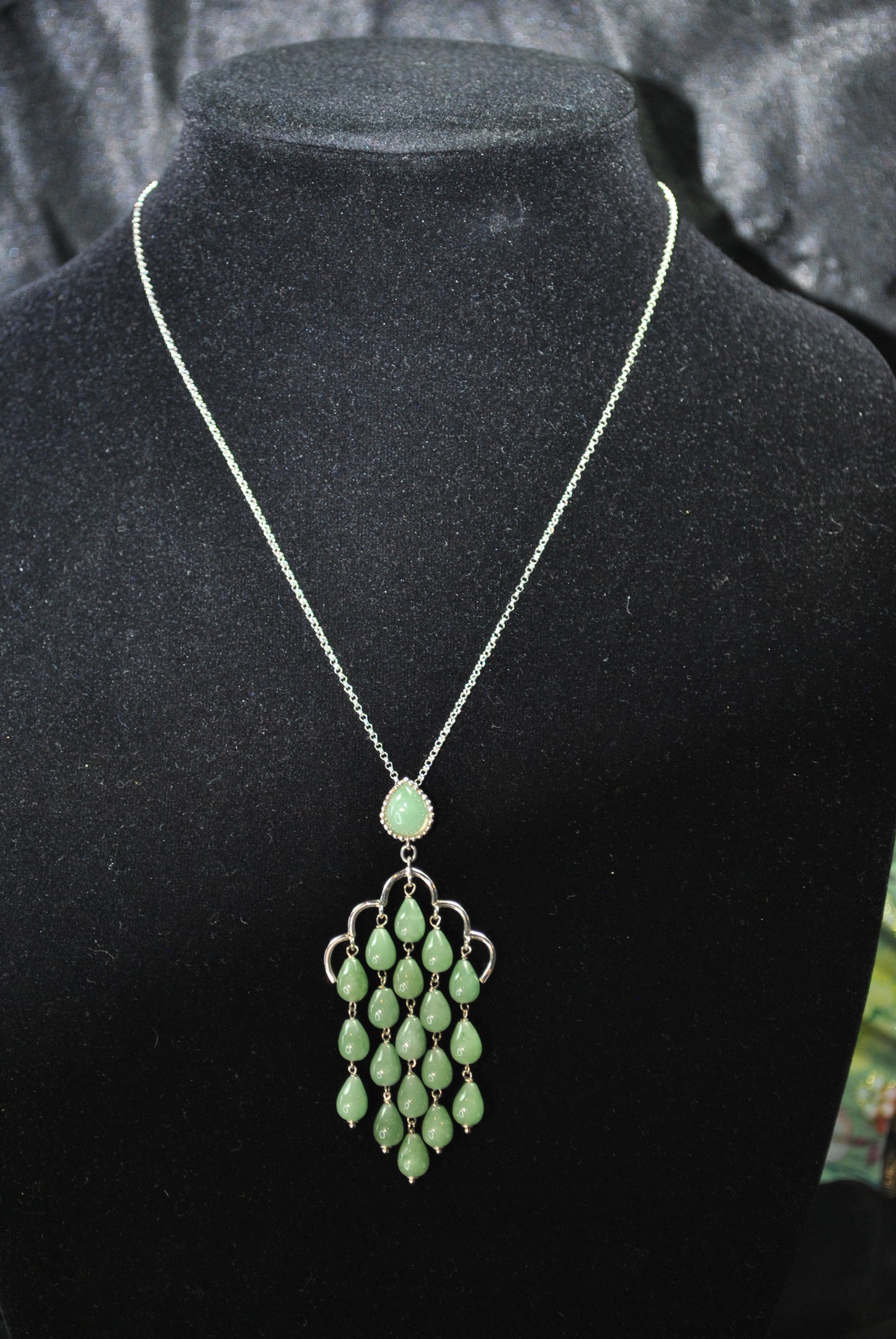 Cabochon Jade & Sterling Silver Chandelier Drop Necklace