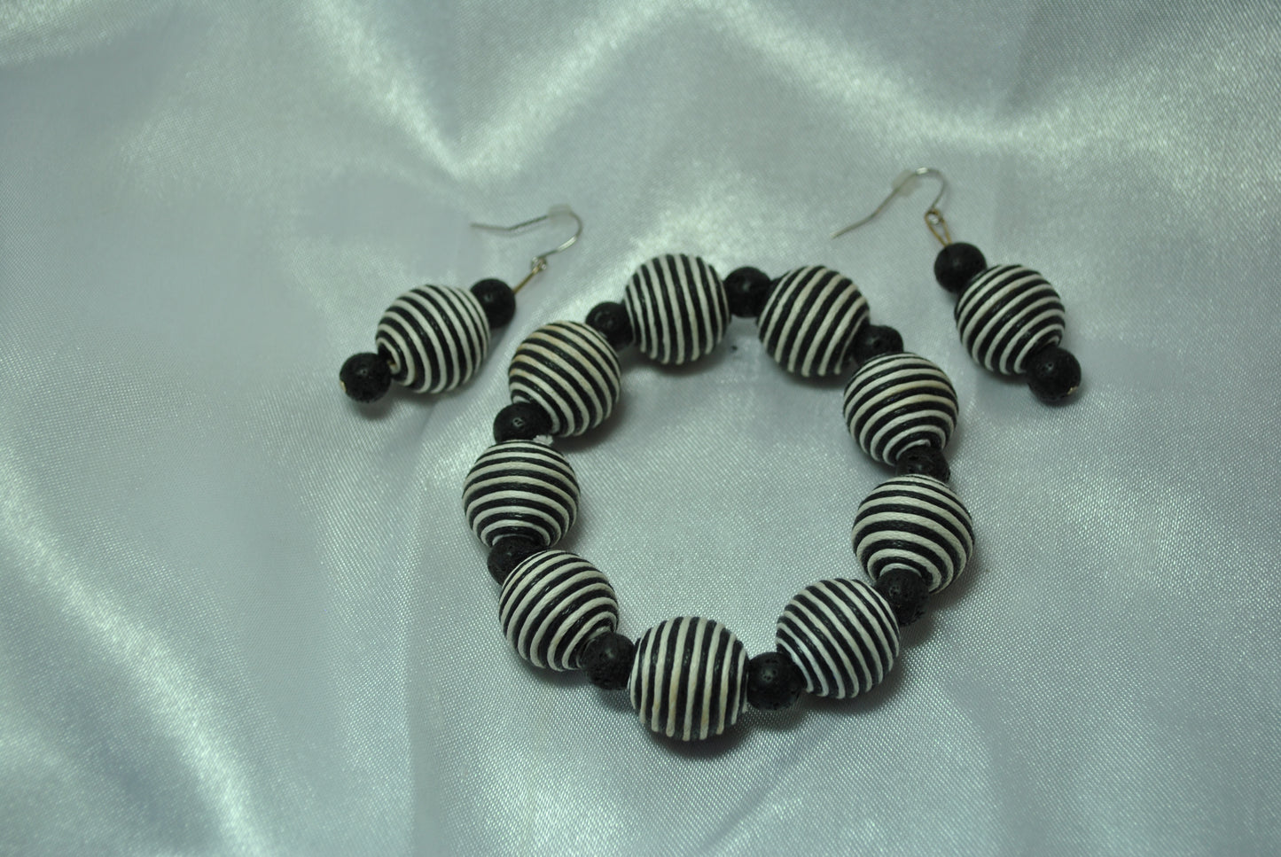 Cotton Wrap and Lava Stone Bracelet & Earring Set